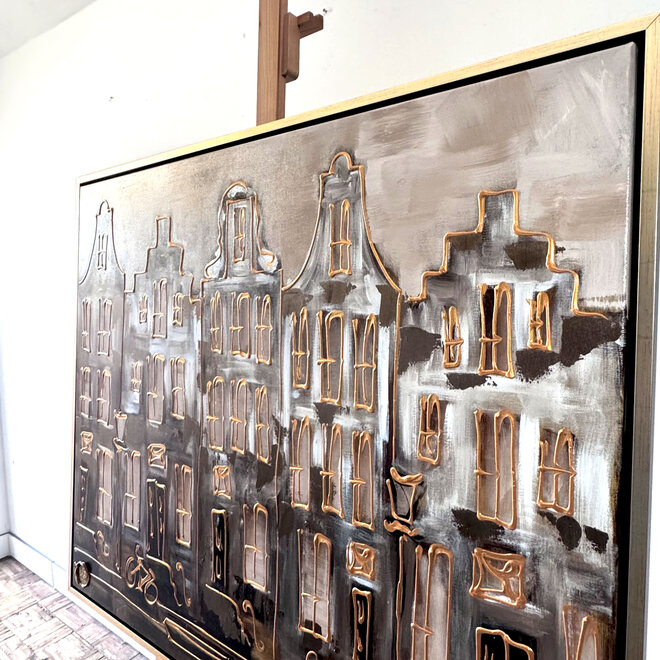 Painting- 100x120 - Rick Triest - Amsterdam LUXURY style - grachten gevels in omber & Gold #2