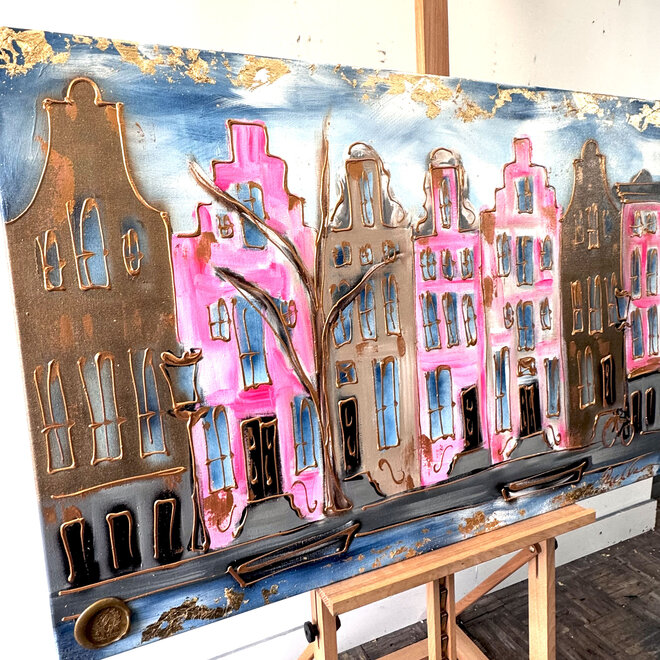 Schilderij- 80x120 cm - Rick Triest - Amsterdam Prinsengracht - Blue & Gold #14