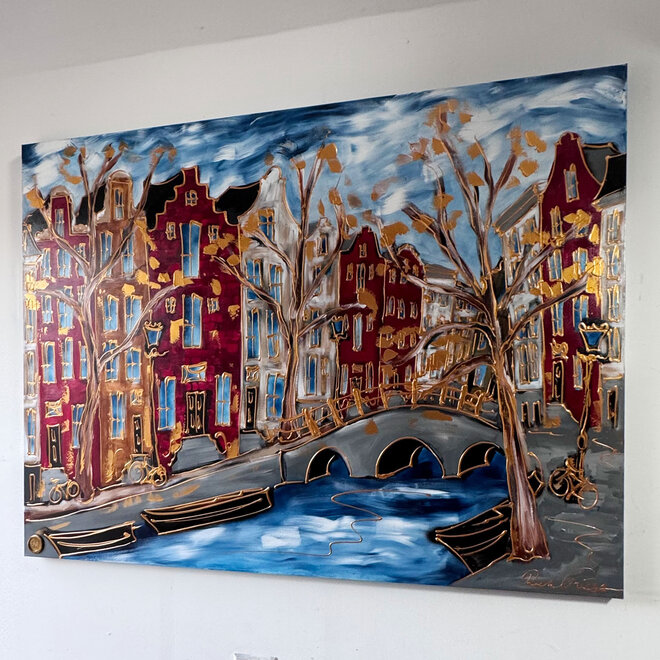 Schilderij- 150x220x4,5 cm - Amsterdam Herengracht -Blue & Gold - XL Red