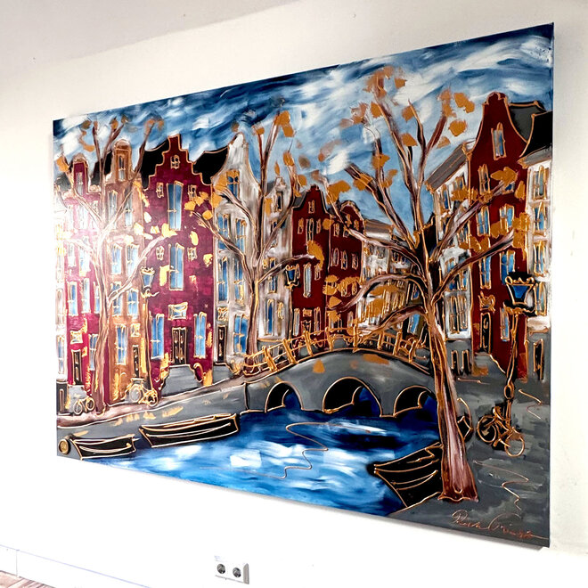 Schilderij- 150x220x4,5 cm - Amsterdam Herengracht -Blue & Gold - XL Red