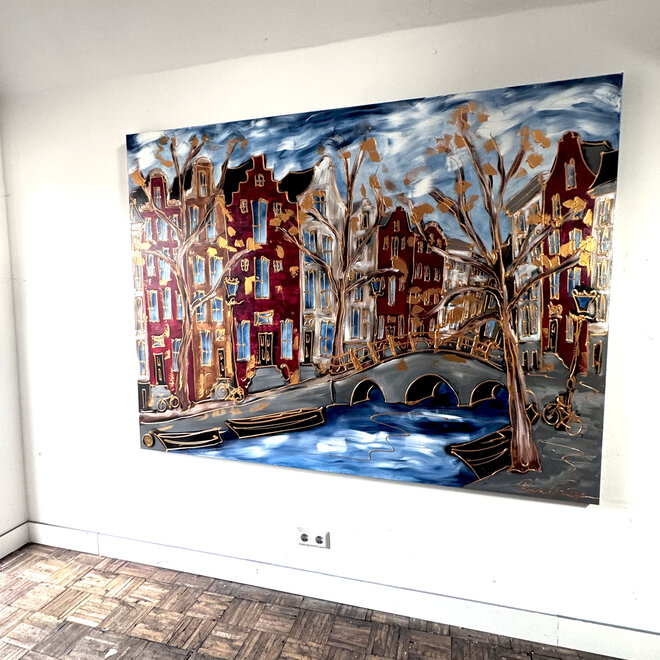 Schilderij- 150x220x4,5 cm - Amsterdam Herengracht -Blue & Gold - XL Red