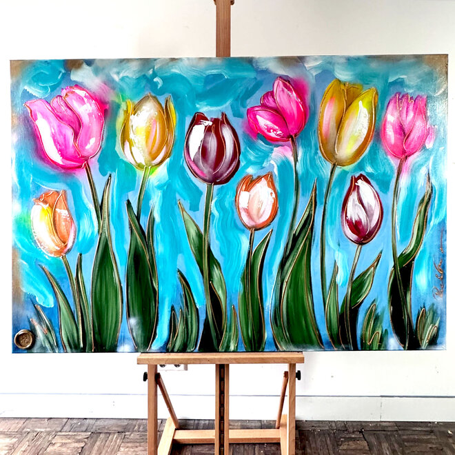 Schilderij -100x150 cm -Tulpenmanie - Dutch Beauty colorful Blue & Gold - #24