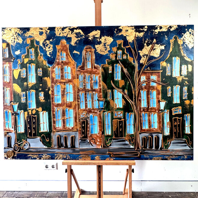 Painting- 100x150cm - Amsterdam Herengracht -Blue & Gold #270