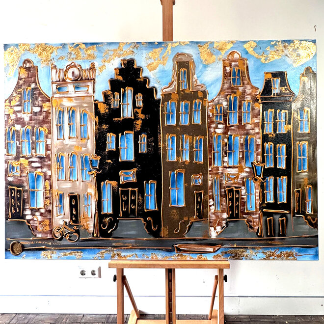 Schilderij- 100x150x2,5 cm - Rick Triest - Amsterdam Herengracht -Blue & Gold #266