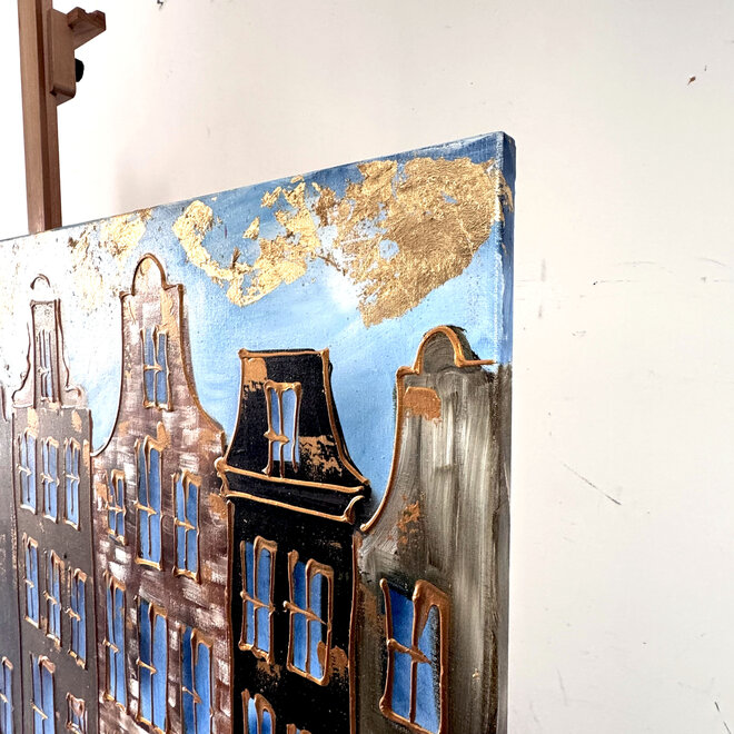 Schilderij- 100x150x2,5 cm - Rick Triest - Amsterdam Herengracht -Blue & Gold #266