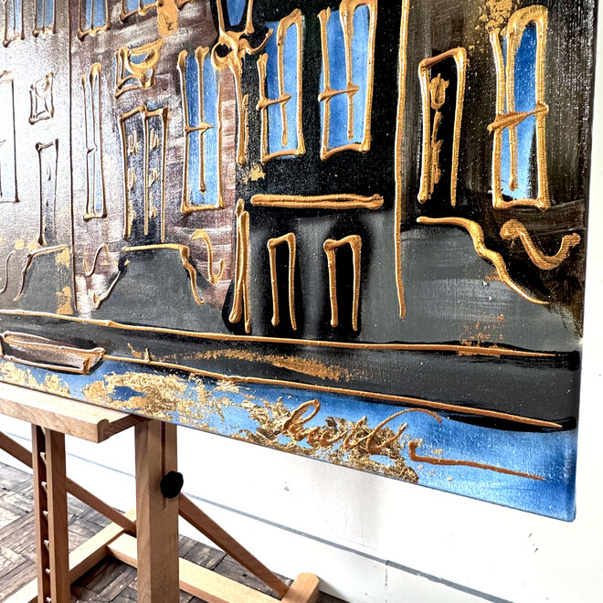 Schilderij- 100x150x2,5 cm - Rick Triest - Amsterdam Herengracht -Blue & Gold #266