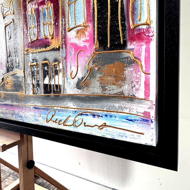 Schilderij- 100x150x4,5 cm - Rick Triest - Amsterdam Canalhouses - Gold - BOHO CHIC - #1