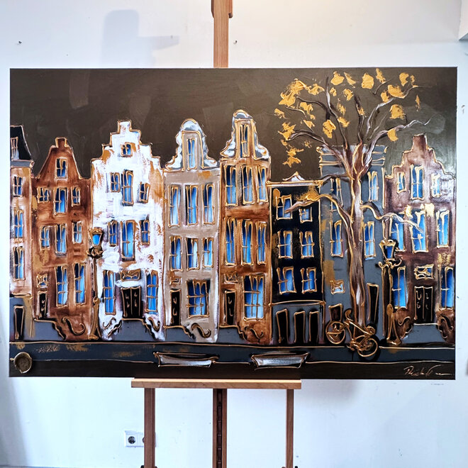 Painting- 100x150cm - Amsterdam Herengracht -Blue & Gold #278 - Bronze paint