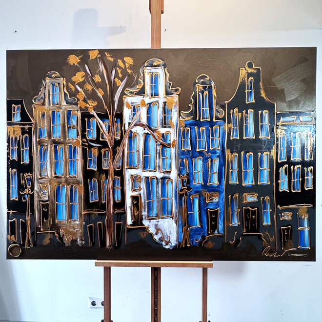 Painting- 100x150cm - Amsterdam Herengracht -Blue & Gold #279 - Bronze paint