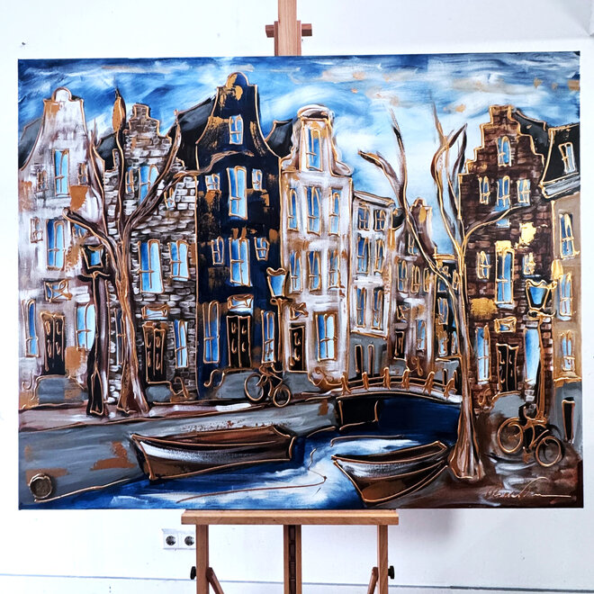 Schilderij- 120x150cm - Amsterdam Prinsengracht - Prussian Blue & Gold