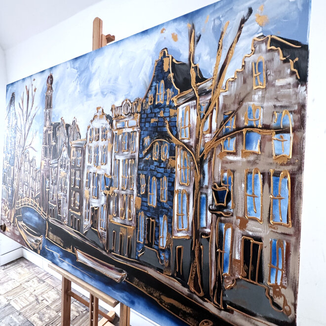 Schilderij- Rick Triest - 120X200cm - Amsterdam Prinsengracht - Westertoren