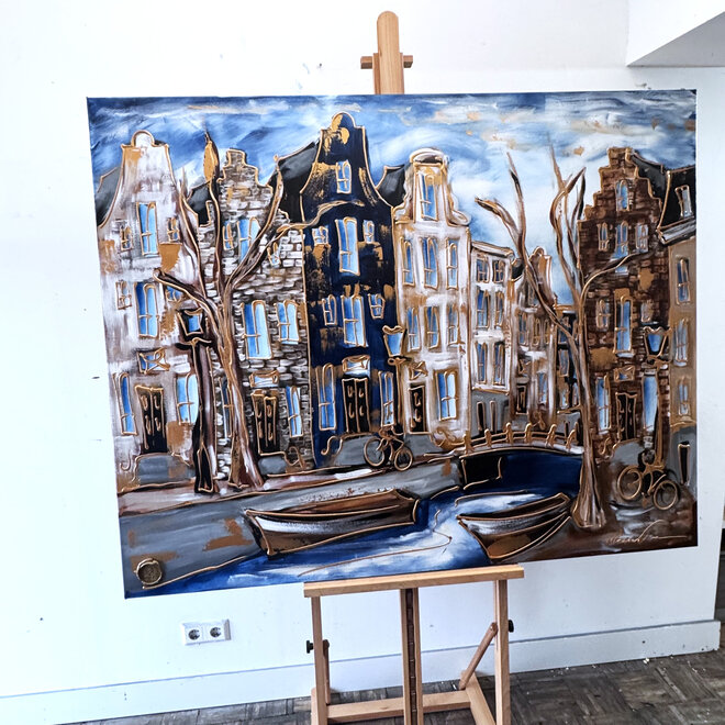 Painting- 120x150cm - Rick Triest - Amsterdam Prinsengracht - Prussian Blue & Gold
