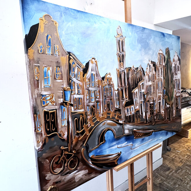 Schilderij- 100x150cm - Rick Triest - Amsterdam Herengracht -Blue & Gold #282- Westertoren