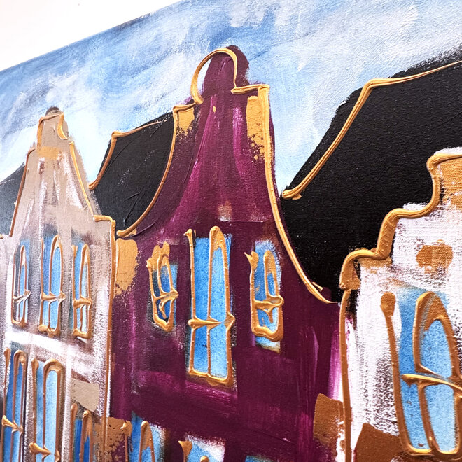 Schilderij- 100x150cm - Rick Triest - Amsterdam Herengracht -Blue & Gold #286- Burgundy