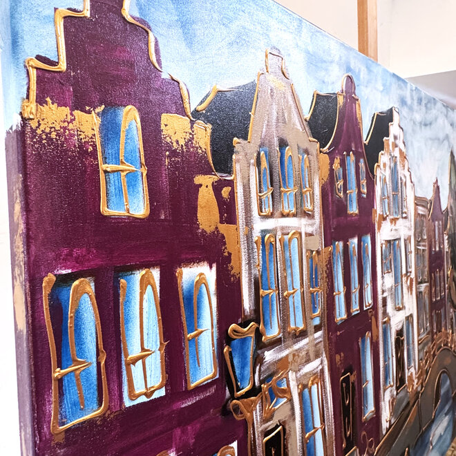 Schilderij- 100x150cm - Rick Triest - Amsterdam Herengracht -Blue & Gold #286- Burgundy
