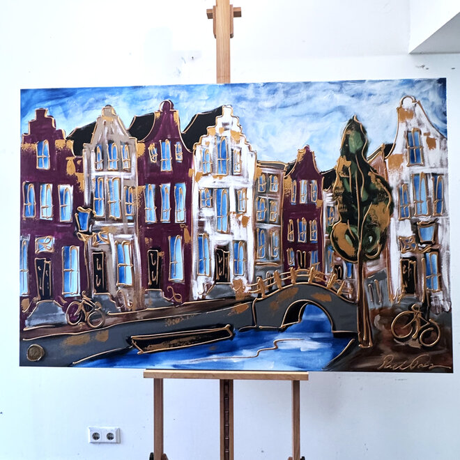 Painting- 100x150cm - Amsterdam Herengracht -Blue & Gold #286- Burgundy