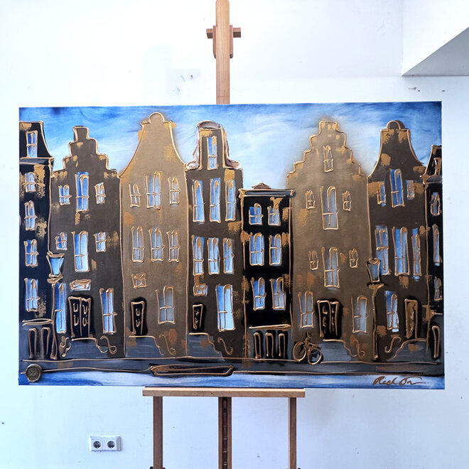 Schilderij- 100x150cm - Rick Triest - Amsterdam Herengracht -Blue & Gold #287