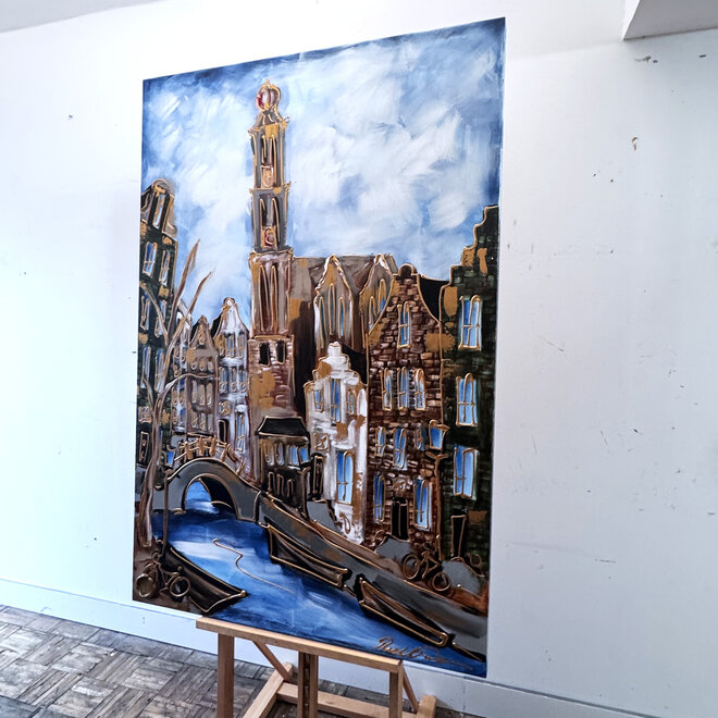 Painting- 100x150cm - Amsterdam Herengracht -Blue & Gold #277- Westertoren