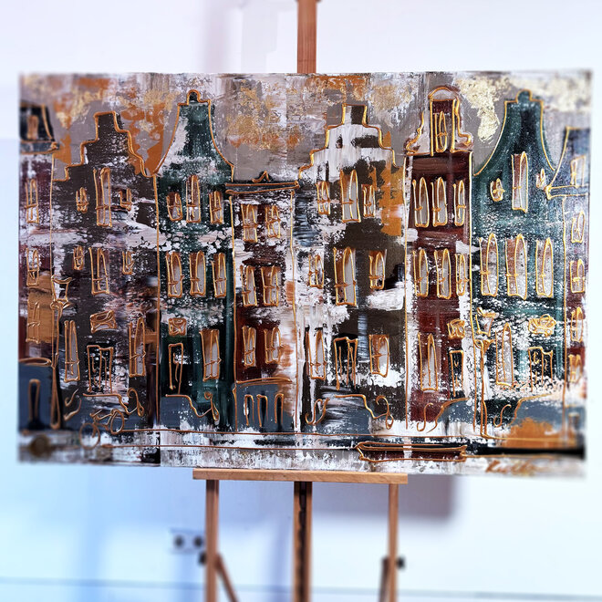 Painting- 100x150cm - Rick Triest - Amsterdam LUXURY style - grachten gevels in omber & Gold #7