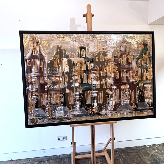 Schilderij- 100x150cm - Rick Triest - Amsterdam LUXURY style - grachten gevels in omber & Gold #9
