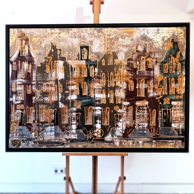 Painting- 100x150cm - Amsterdam LUXURY style - grachten gevels in omber & Gold #9