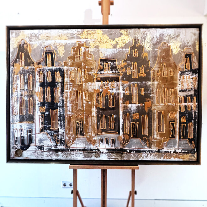 Schilderij- 100x150cm - Rick Triest - Amsterdam LUXURY style - grachten gevels in omber & Gold #10