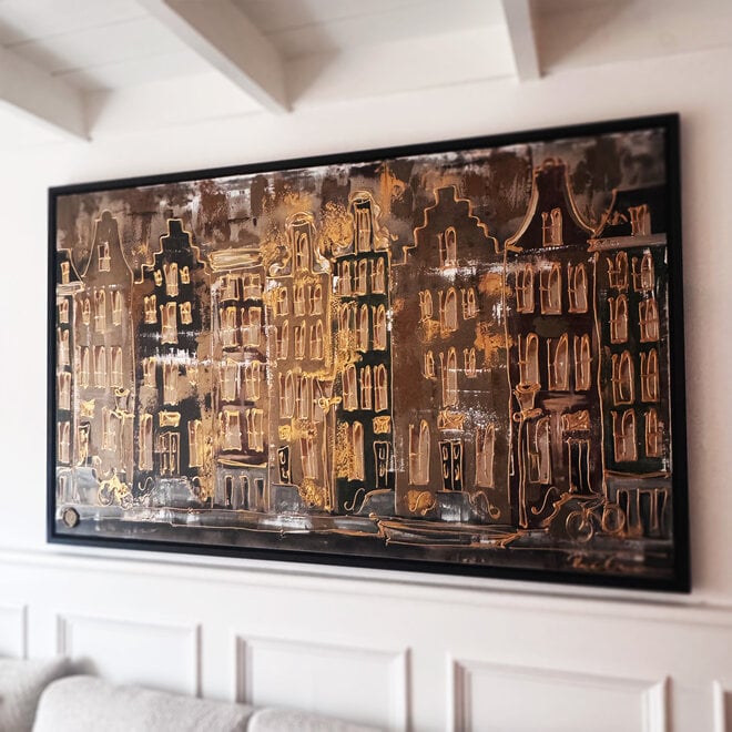 Schilderij-120X200cm - Amsterdam LUXURY style - grachten gevels in omber & Gold - XL 1