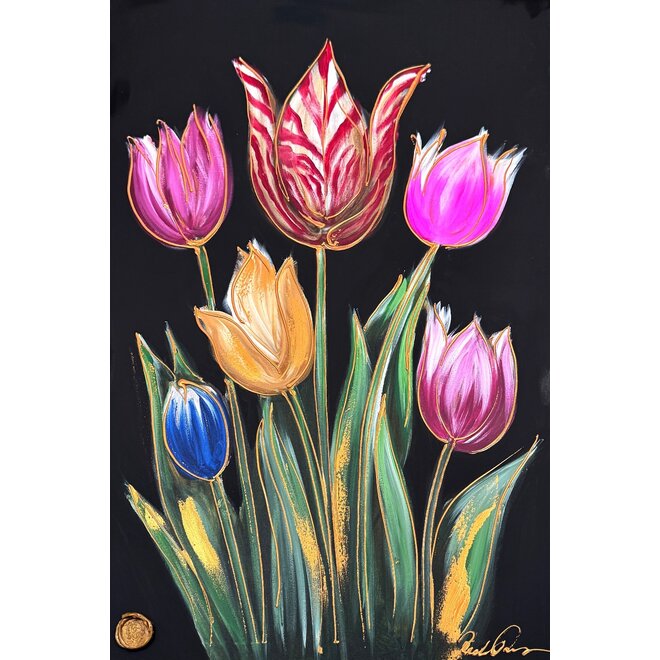 Painting - 80x120 cm - Rick Triest - kleurrijke tulpen - Black & Gold #1