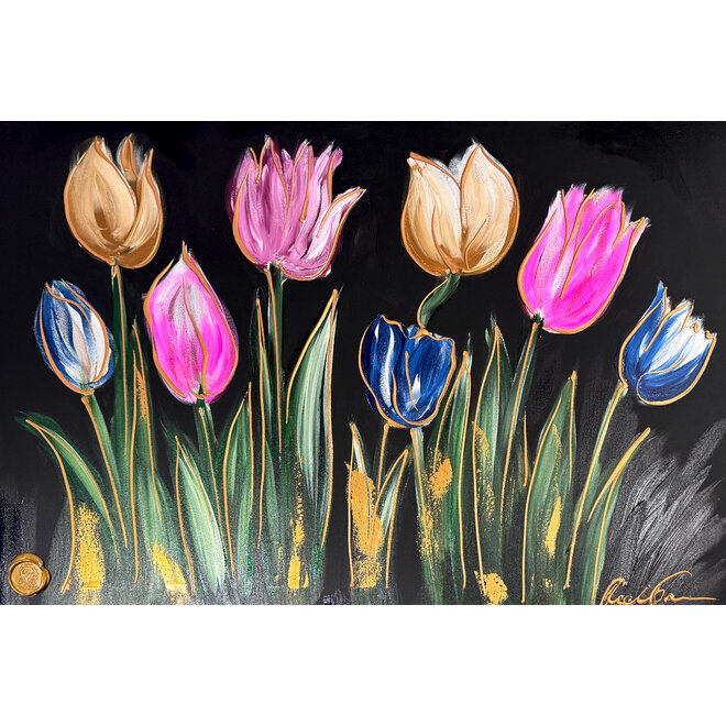 Schilderij -80x120 cm - Tulpenmanie - kleurrijke tulpen - Black & Gold #2