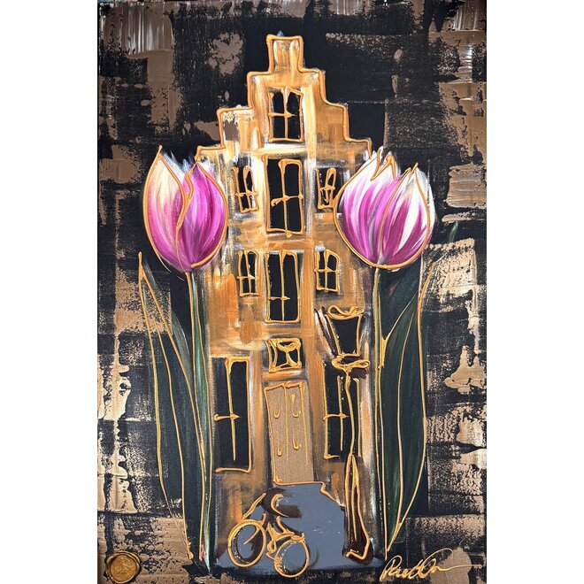 Schilderij -80x120 cm - Tulpenmanie - Hollands tafereel - Omber & Gold #1