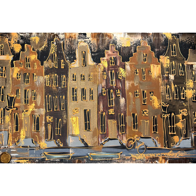 Schilderij- 80x120x4,5 cm - Rick Triest - Amsterdam LUXURY style - grachten gevels in omber & Gold #225