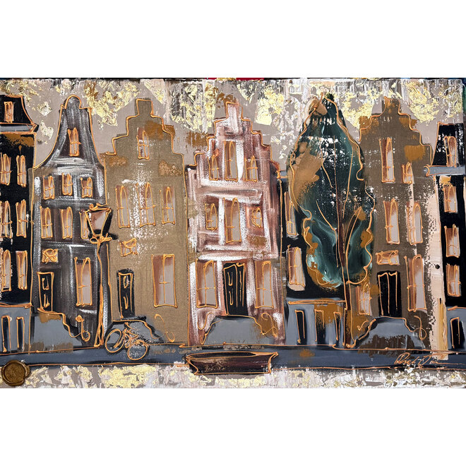 Schilderij- 80x120x4,5 cm - Amsterdam LUXURY style - grachten gevels in omber & Gold #226