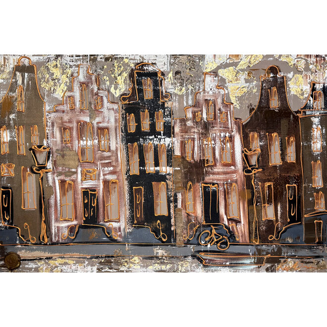Schilderij- 80x120x4,5 cm - Amsterdam LUXURY style - grachten gevels in omber & Gold #227