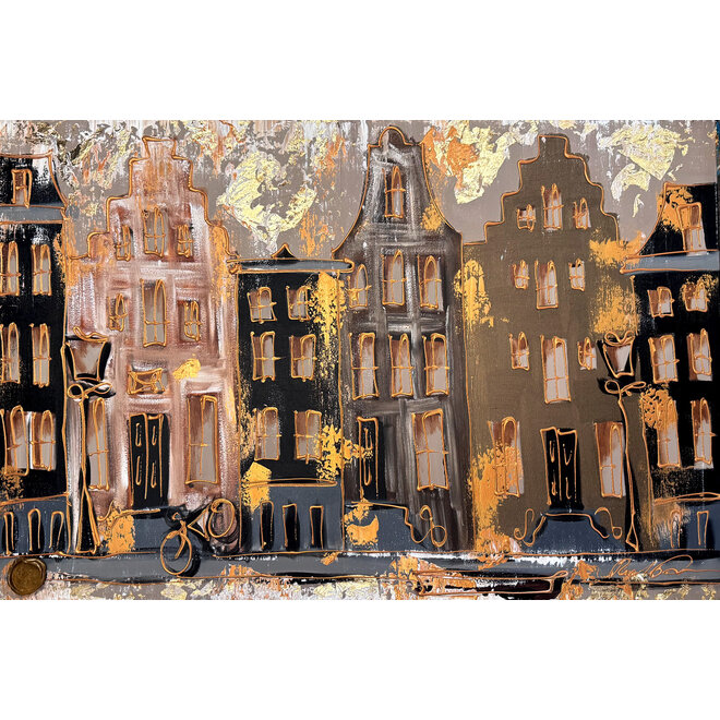 Schilderij- 80x120x4,5 cm - Amsterdam LUXURY style - grachten gevels in omber & Gold #228