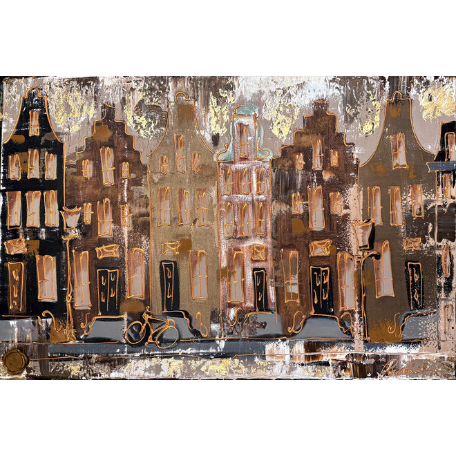 Painting- 80x120x4,5 cm - Amsterdam LUXURY style - grachten gevels in omber & Gold #230