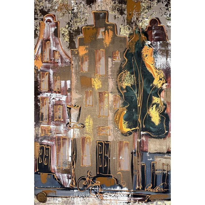 Schilderij- 80x120x4,5 cm - Rick Triest - Amsterdam LUXURY style - grachten gevels in omber & Gold #233