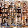 Schilderij- 100x100cm - Rick Triest - Amsterdam LUXURY style - grachten gevels in omber & Gold #234