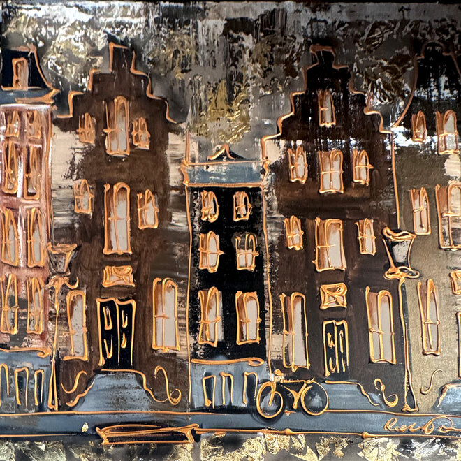 Painting- 100x100cm - Rick Triest - Amsterdam LUXURY style - grachten gevels in omber & Gold #235
