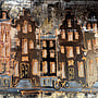 Painting- 100x100cm - Rick Triest - Amsterdam LUXURY style - grachten gevels in omber & Gold #235
