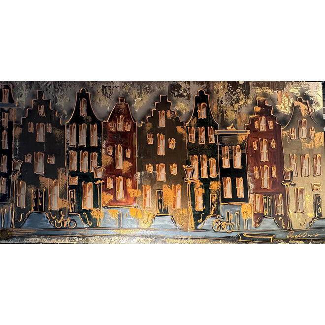 Schilderij- 100x200cm - Amsterdam LUXURY style - grachten gevels in omber & Gold #8