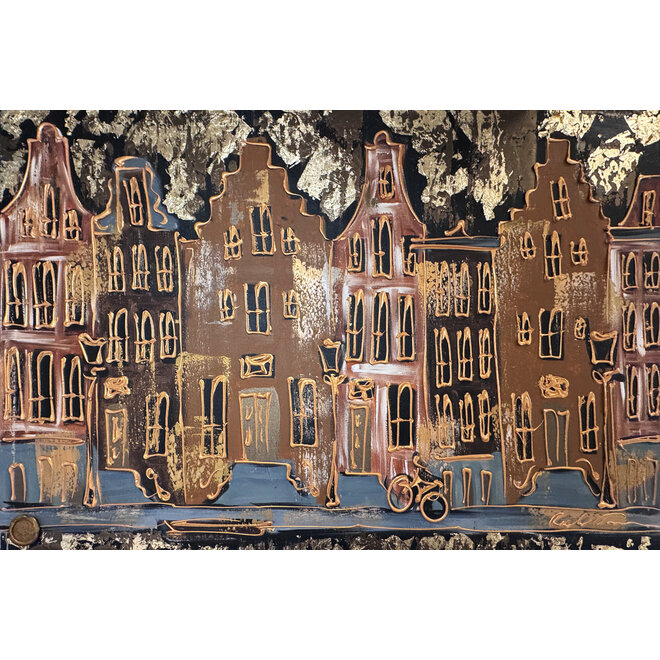 Schilderij- 100x150cm - Rick Triest - Amsterdam LUXURY style - grachten gevels in omber & Gold #12