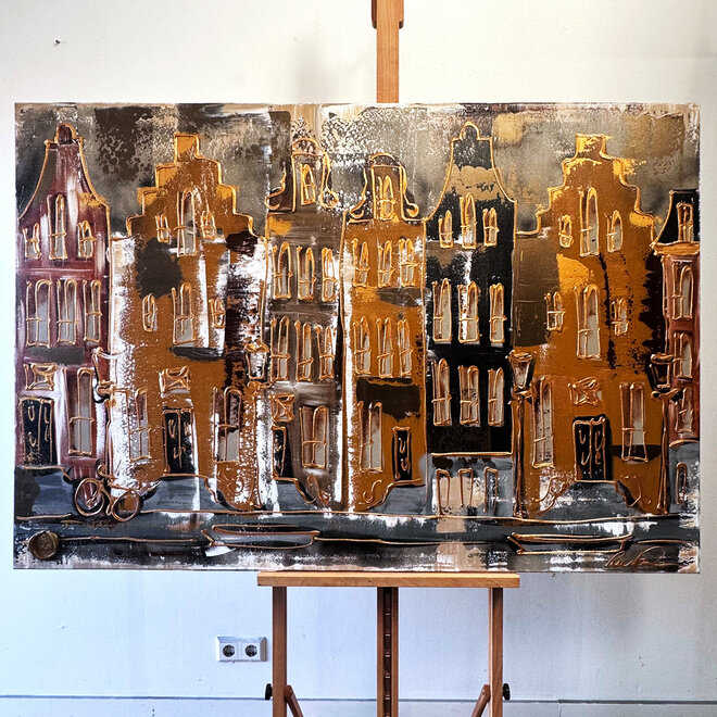 Painting- 100x150cm - Amsterdam LUXURY style - grachten gevels in omber & Gold #23