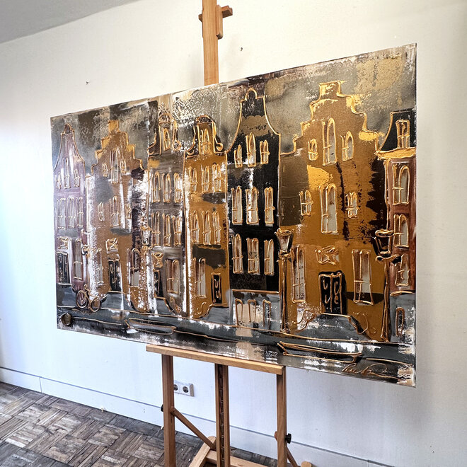 Painting- 100x150cm - Rick Triest - Amsterdam LUXURY style - grachten gevels in omber & Gold #23