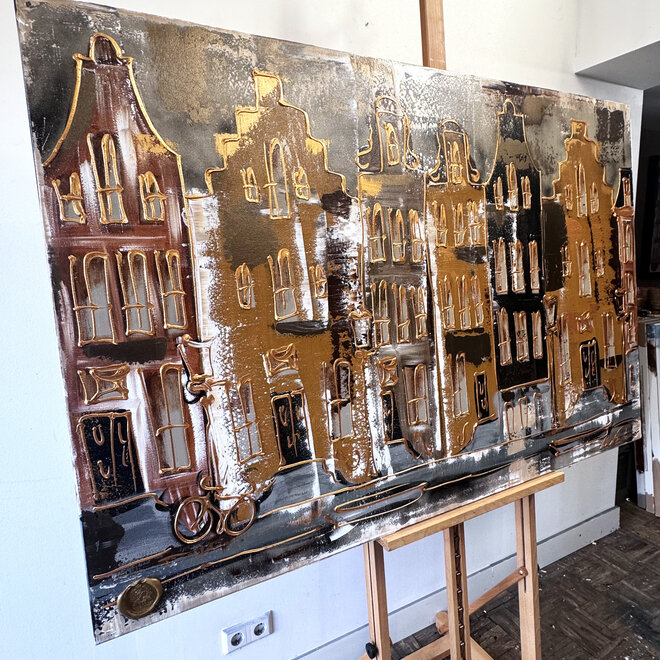 Schilderij- 100x150cm - Rick Triest - Amsterdam LUXURY style - grachten gevels in omber & Gold #23