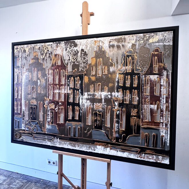 Schilderij- 100x150cm - Rick Triest - Amsterdam LUXURY style - grachten gevels in omber & Gold #22