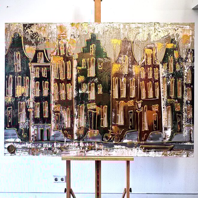 Painting- 100x150cm - Rick Triest - Amsterdam LUXURY style - grachten gevels in omber & Gold #21