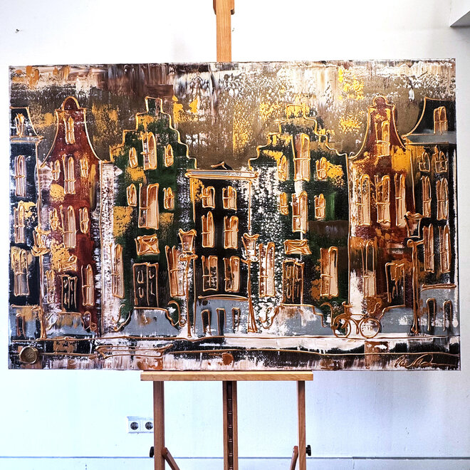 Schilderij- 100x150cm - Rick Triest - Amsterdam LUXURY style - grachten gevels in omber & Gold #20