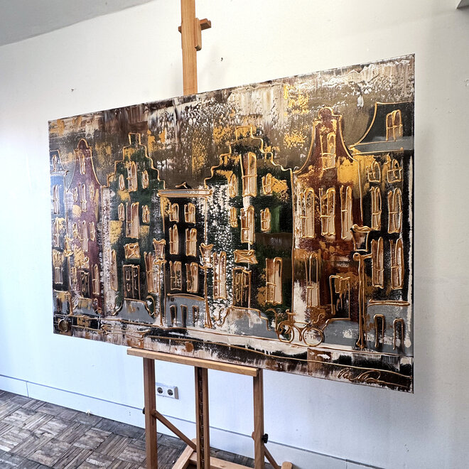 Schilderij- 100x150cm - Rick Triest - Amsterdam LUXURY style - grachten gevels in omber & Gold #20