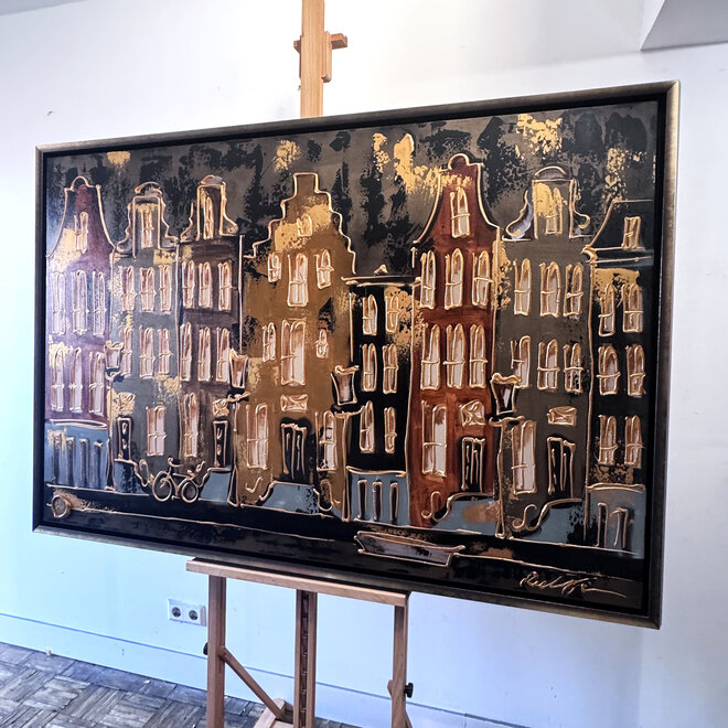 Schilderij- 100x150cm - Rick Triest - Amsterdam LUXURY style - grachten gevels in omber & Gold #19