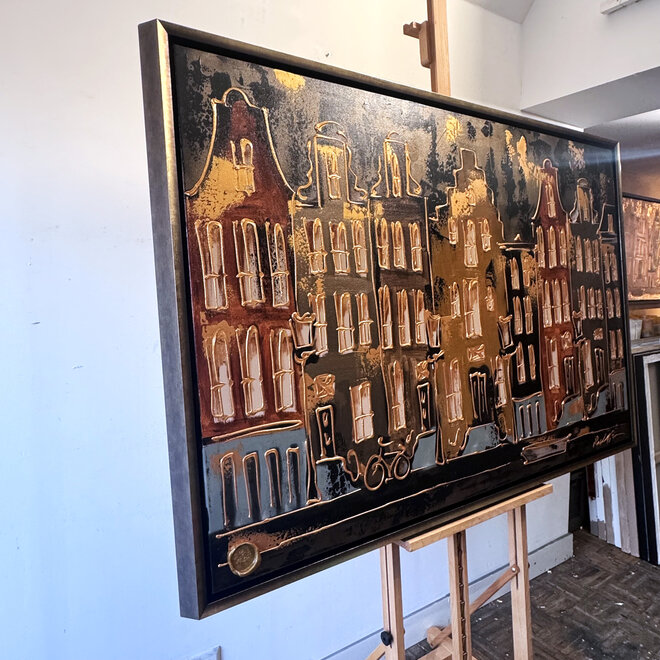 Painting- 100x150cm - Rick Triest - Amsterdam LUXURY style - grachten gevels in omber & Gold #19